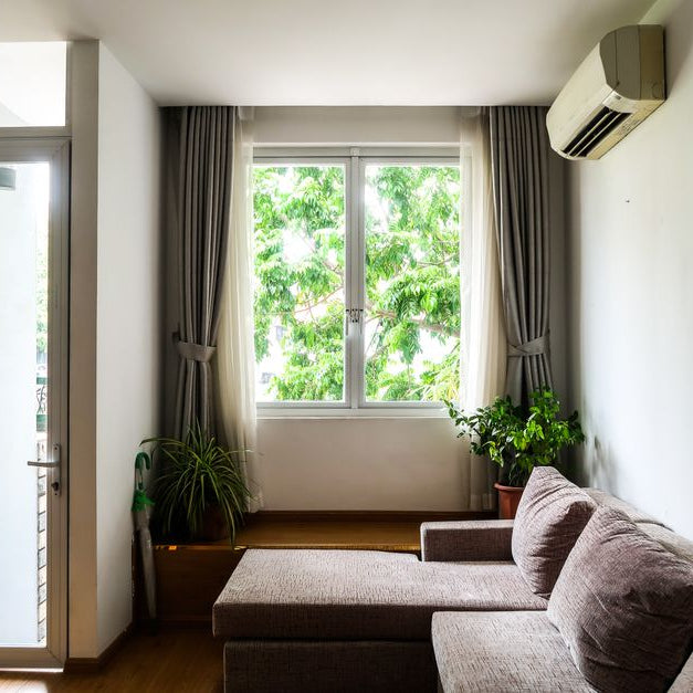 Bright living room with a cozy sofa, indoor plants, and a large window with curtains.