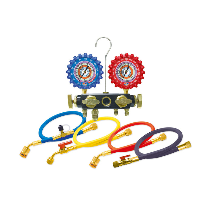 Juego Manometro 3-1/8" Manguera 60" 4 Vias  R410/R22/R404/R134 Q4An85Smez-5 Uniweld